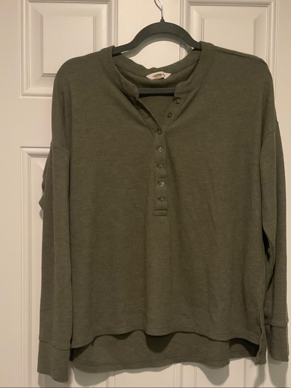 Lucky Brand Olive Green Waffle-Knit Henley Long Sleeve Top